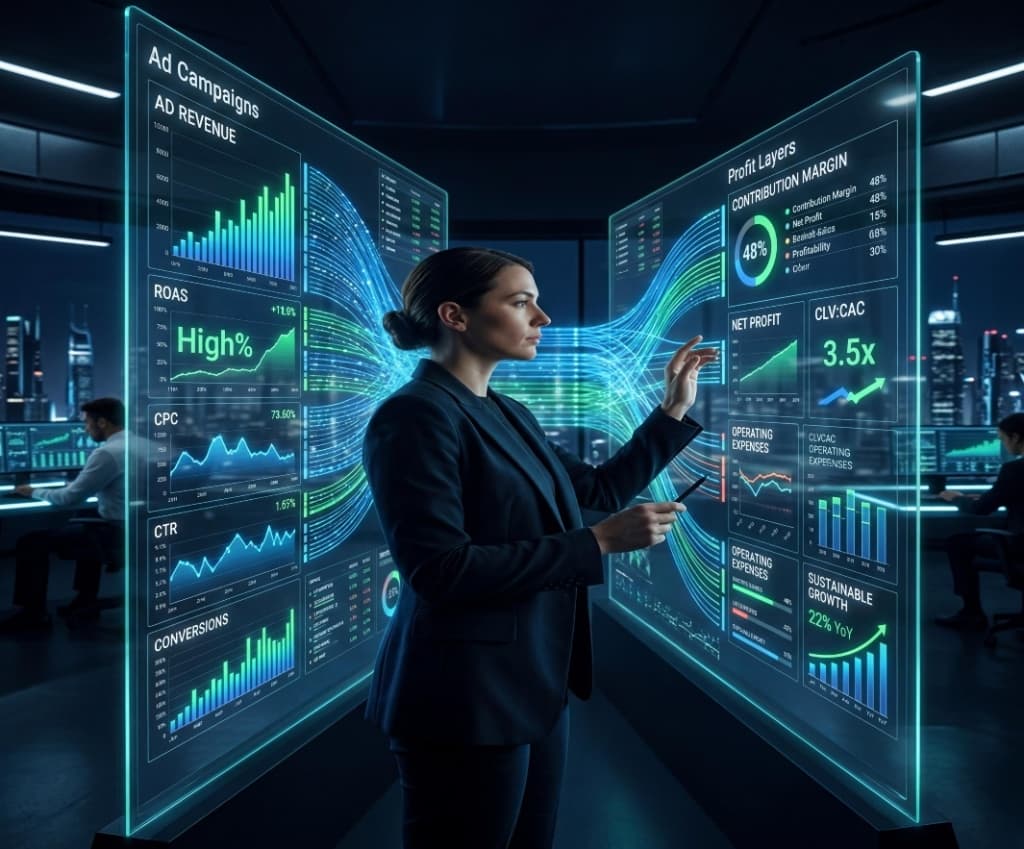 Data analyst comparing ROAS metrics against deeper profit layers and contribution margin on a futuristic data wall