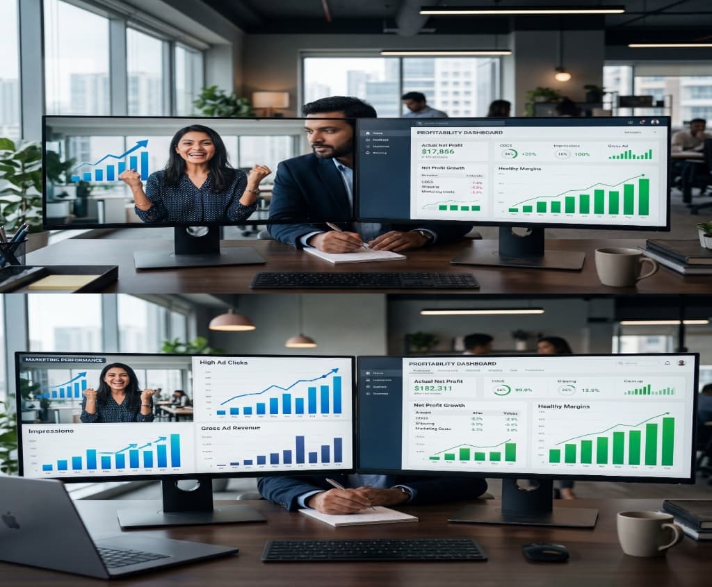 Split screen showing traditional marketing performance vs actual profitability and true CM2 dashboards