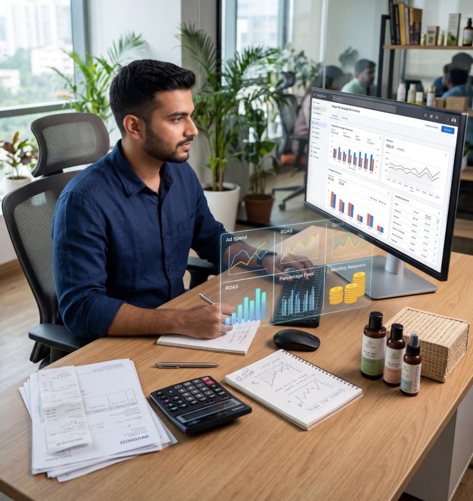 D2C brand founder analyzing Google Ads campaign performance with ROAS and ad spend metrics on screen
