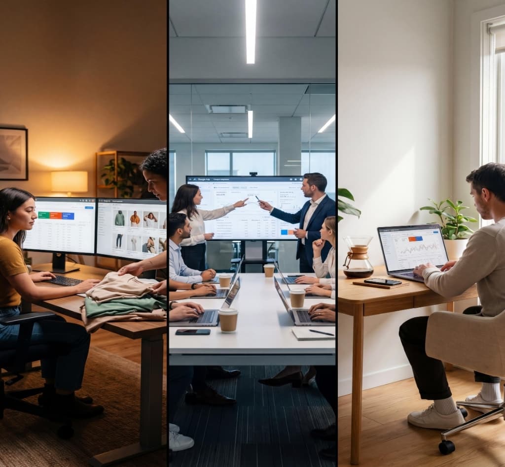 Split view comparing an individual freelancer, an agency boardroom meeting, and an internal marketing employee