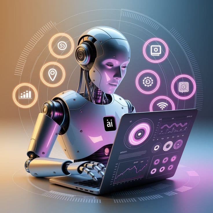 AI robot analyzing marketing performance data with holographic visualizations