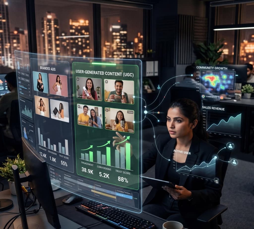 Split screen comparing branded ads vs UGC performance analytics showing UGC with higher engagement, conversions, and trust scores