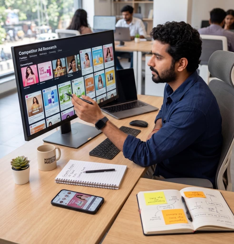 Organized workspace showing a marketer discovering ads on laptop, analyzing targeting strategies on tablet, saving creative inspiration, and reviewing landing pages