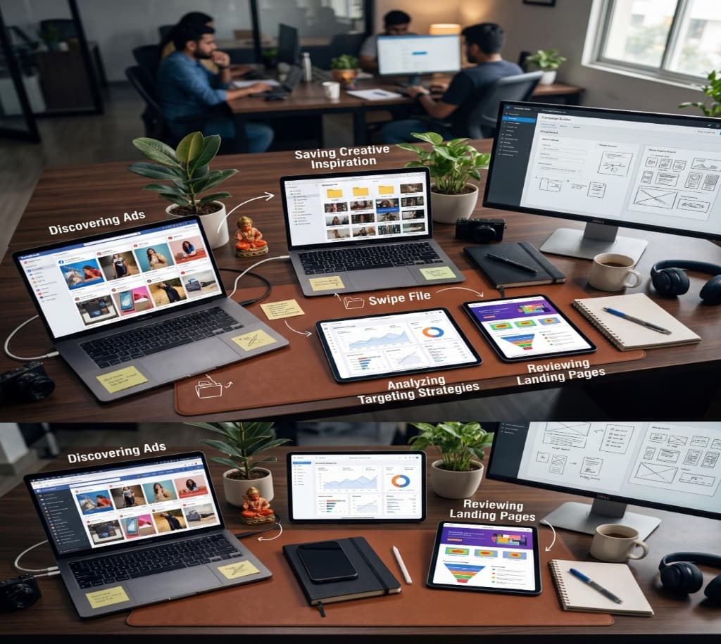 D2C marketer studying competitor ad campaigns and creative strategies across multiple screens in an office