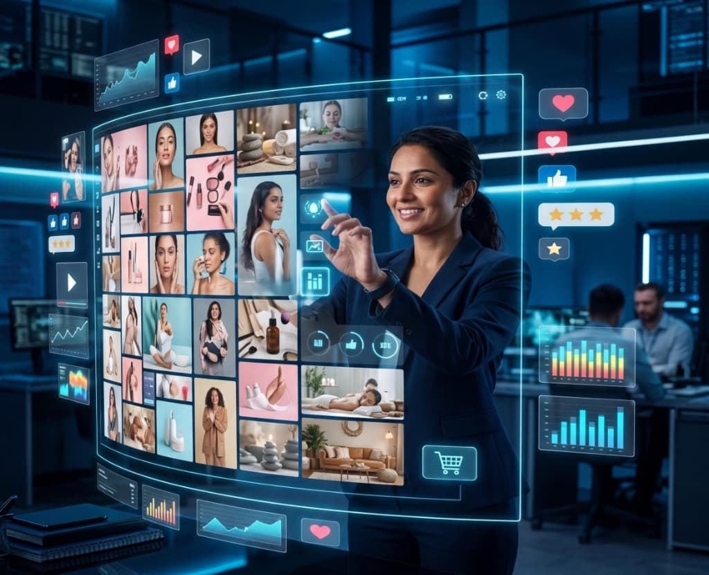 D2C marketer analyzing competitor ads on a futuristic digital dashboard with social media content grid