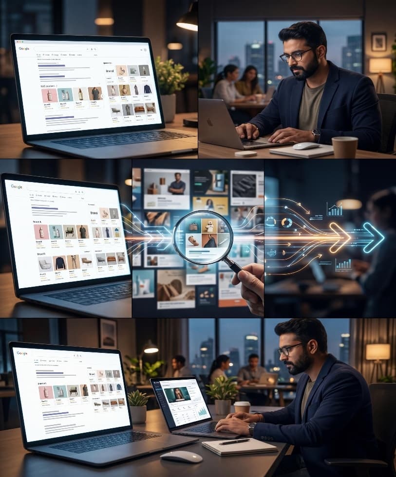 Marketer researching competitor Google Search and Shopping ads with product listings and brand comparisons across multiple screens