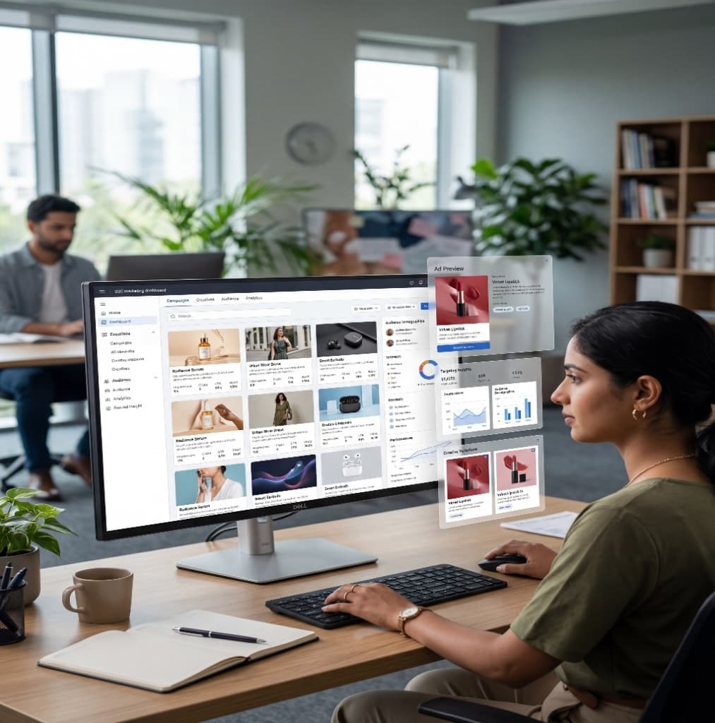 D2C marketer using a marketing dashboard to browse competitor ad creatives, audience demographics, and ad previews