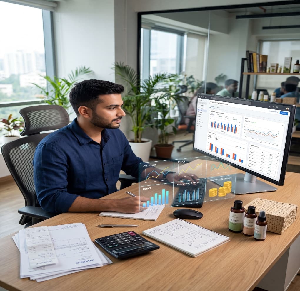 D2C brand founder setting up Google Ads campaigns with performance analytics, ROAS metrics, and ad spend data on screen